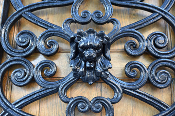 Décor en fer forgé à tête de lion sur porte en bois