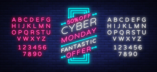 Cyber Monday concept banner in fashionable neon style, luminous signboard, advertisement of sales rebates of cyber Monday. Vector illustration for your projects. Editing text neon sign