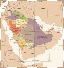 Saudi Arabia Map - Vintage Detailed Vector Illustration
