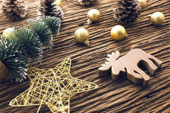 object of christmas decration prop on wood background top view