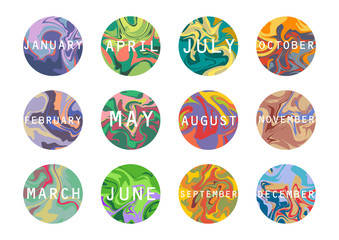 Vector calendar in marbling style. Round painted templates of months with text overlays.