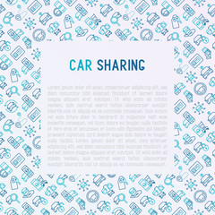 Car sharing concept with thin line icons of driver's license, key, blocked car, pointer, available, searching of car. Vector illustration for banner, web page, print media.