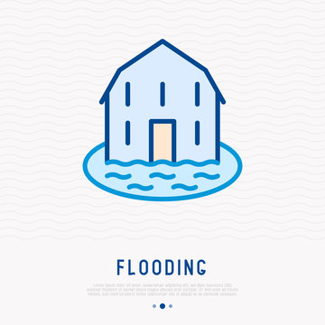House flooding thin line icon. Modern vector illustration of natural disaster or pipe leakage.