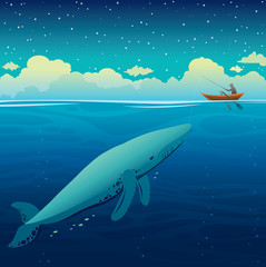 Big whale, fisherman and boat, night sky, calm sea.