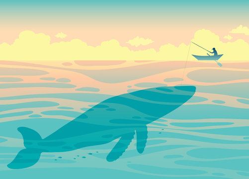 Big whale and fisherman. Sea vector.