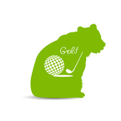 Silhouette of bear with golf ball like a globe near a hole and golf club. Green (grass) background.