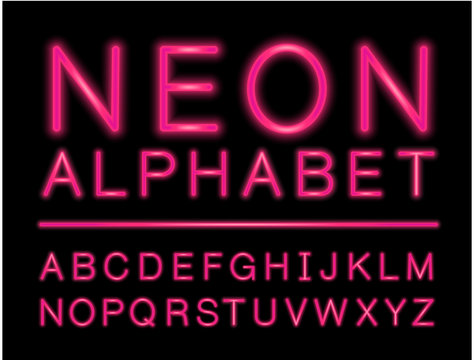 Pink neon alphabet with complete letters set with LED effect