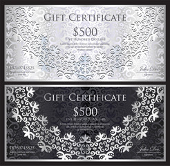 Luxury silver and black gift certificate with rounded lace decoration and vintage background