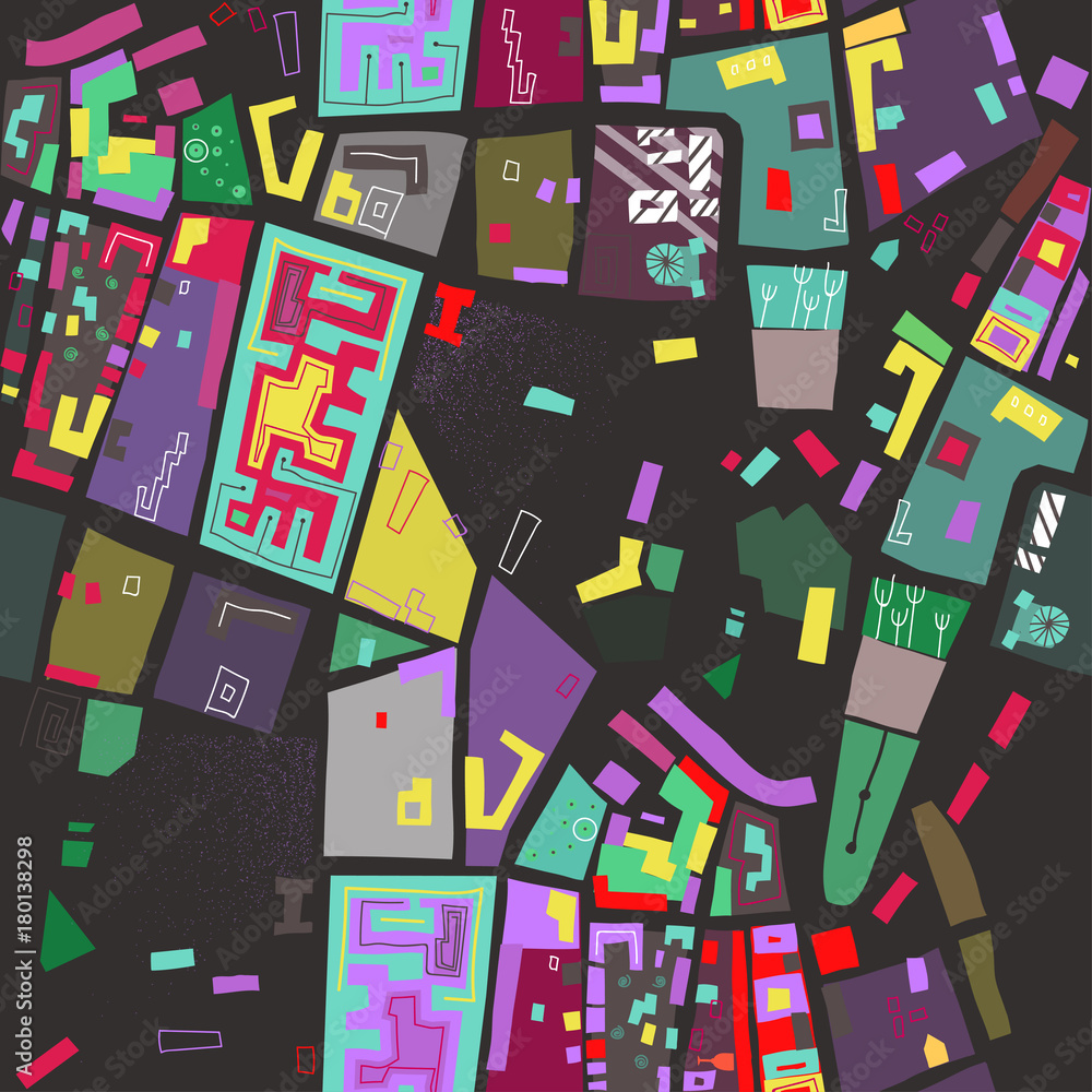 Poster vector seamless colorful pattern of abstract city map on black background.