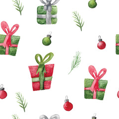 Seamless watercolor pattern with Christmas gifts. Xmas decoration for wrapping