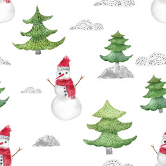 Watercolor christmas seamless pattern with fir trees and gifts. New Year decoration for invitation, cards