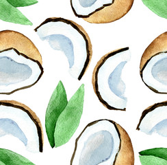 watercolor seamless pattern with coconut isolated on white background