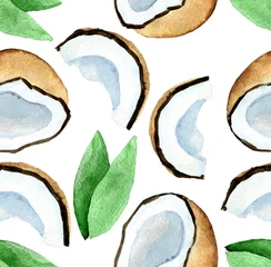 Behang Aquarel fruit Waterverf naadloos patroon met kokosnoot die op witte achtergrond wordt geïsoleerd
