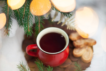 Tea in a red circle in the New Year's Eve. New Year's motives.