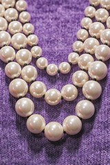 Picture of pearl necklace on the purple dress.