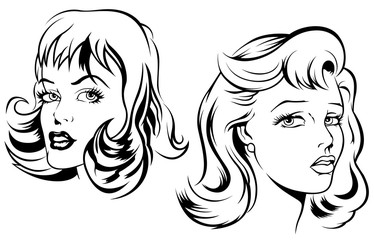 Two Sketches of Female Face - Black and White Illustration, Vector