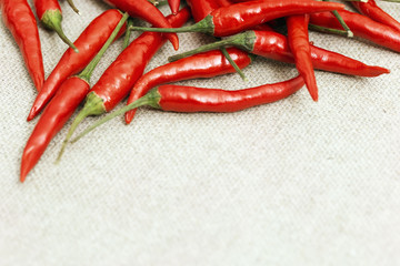 Bunch of hot red chili peppers close-up on a natural fabric background. Food background. Copy space for text in the foreground.