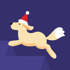 Cute golden retriever puppy dog wearing Santa hat jumping on rooftops in flat style. Christmas winter celebration concept. Vector illustration