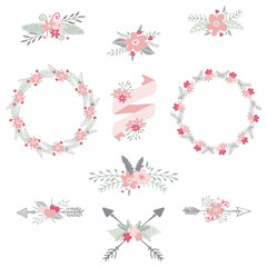 Wreaths, arrows and ribbons with flowers, hand drawn illustration. Wedding invitation and card decorative elements