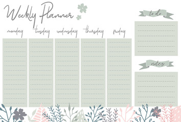 Green weekly planner with flowers, stationery organizer for daily plans, floral vector weekly planner template, schedules