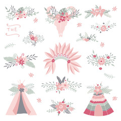 Naklejka na ściany i meble Floral tribal collection. Teepee, wedding floral, arrow,wreaths, feathers. Wedding Invitation. Hand drawn tribal elements with flowers.