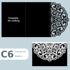 C6 paper openwork greeting card,  wedding invitation,  lace invitation, card with fold lines, object isolated background, laser cut template, vector illustration