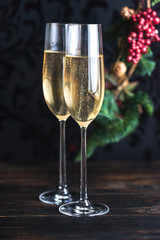 Gasses of champagne with Christmas tree