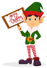 Elf holding placard with greetings.