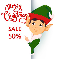 Elf standing behind a sign and showing on placard with lettering.
