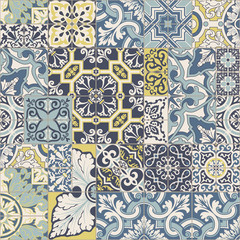 Azulejos tiles patchwork vector seamless pattern - obrazy, fototapety, plakaty