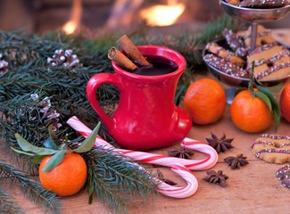 mulled wine for Christmas, fireplace and tangerines
