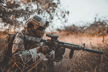 Soldiers are preparing to hit the enemy in the forest,military in war concept