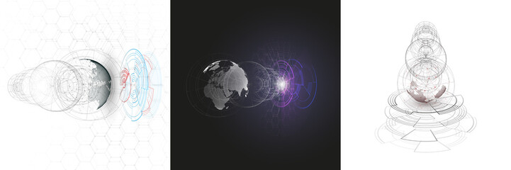Isolated 3D dotted world globes with abstract construction, connecting lines on white background. Vector design, structure, shape, form, space station. Scientific research. Science, technology concept