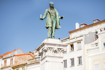 Close-up view on the Joaquim Augusto statue on the central sqaure in Coimbra city in Portugal