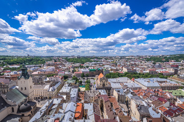 Cityscape of Lviv, Ukraine - aerial view from Town Hall tower with Latin Cathedral and former...