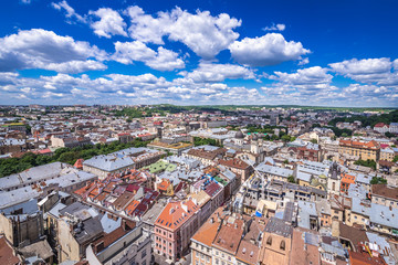 Cityscape of Lviv, Ukraine - aerial view from Town Hall tower