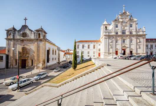 View on the new cathedral facade and saint Jean church in Coimbra city in the central Portugal