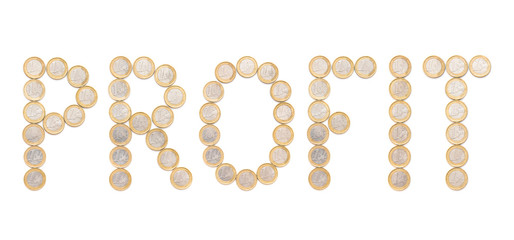 profit word written with euro coins, the message is on white background