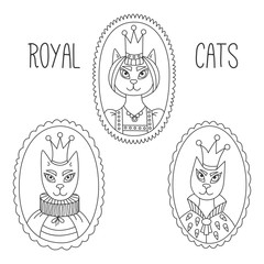 Royal cats doodle portraits set