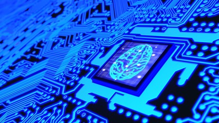 Blue glowing circuit board and a CPU with a brain symbol on top