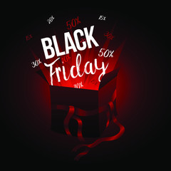 Text Black Friday in the gift box with red ribbon