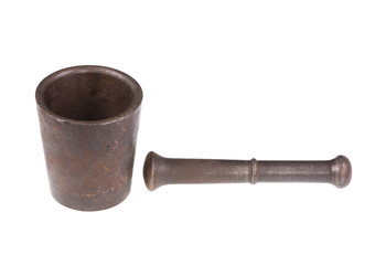 metal  mortar and pestle isolated on white background