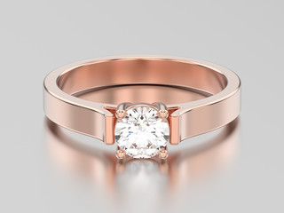 3D illustration rose gold solitaire engagement diamond ring with shadow and reflection