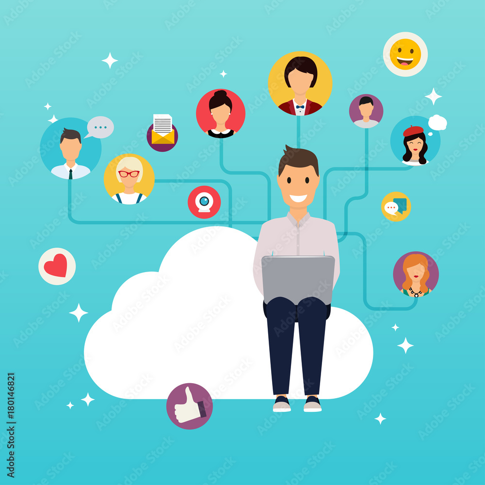 Poster social network and teamwork concept for web info graphic. set of people avatars and icons. man holdi