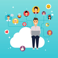 Social network and teamwork concept for web info graphic. Set of people avatars and icons. Man holding computer. Communication Systems and Technologies.