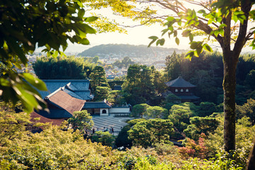 Kyoto city and temple at sunset in spring