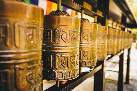 Buddhist prayer wheels at Kyoto temple, Japan, Asia