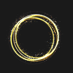 Gold circle light effect with round glowing elements, particles and stars on dark background. Shiny glamour sparkle design elements for the Christmas, night party, birthday party with sequins, glitter