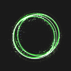 Green gold circle light effect with round glowing elements, particles and stars on dark background. Shiny glamour design elements for the Christmas, night party, birthday party with sequins, glitter