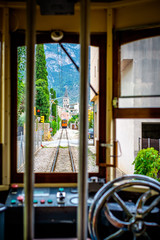 Inside the historic tram. Historic tram in Soller, Spain. Traveling in a tram.
